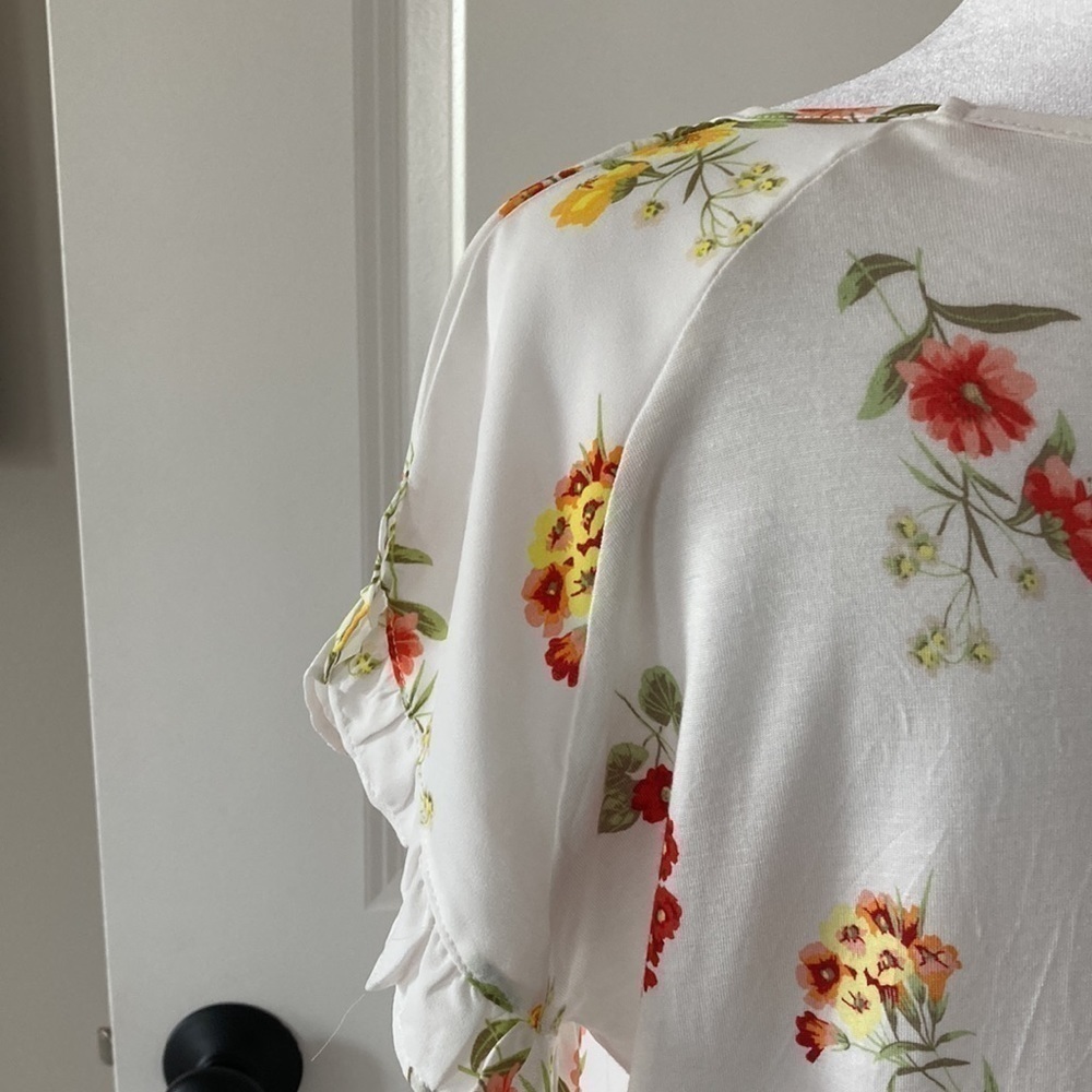 LOFT Small petite top floral white orange yellow ruffle short sleeves - Picture 8 of 10